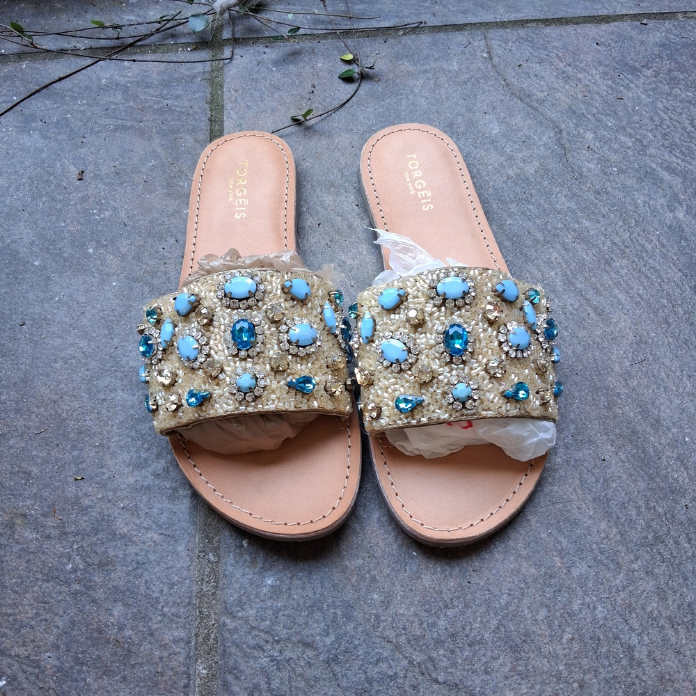 New Ladies 9 TORGEIS Women's Calypso Bejeweled Slide Sandals Blue Crystals